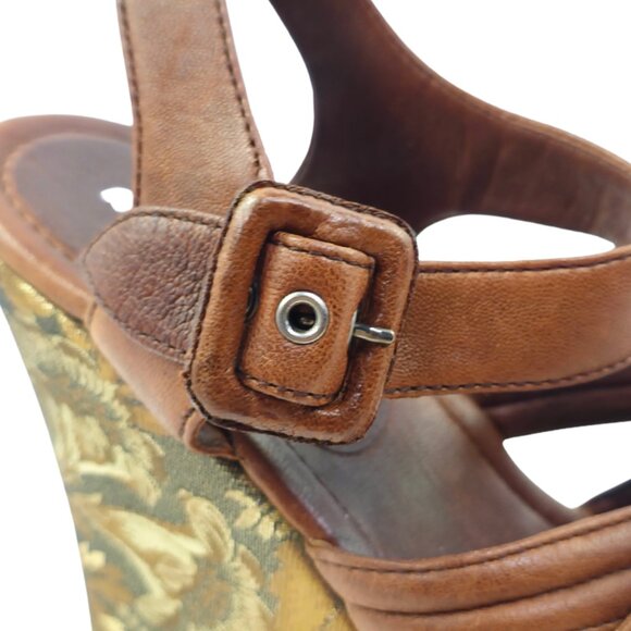 Miu Miu Women's Brown & Gold Jacquard Fabric & Leather Platform Wedge Sandals - Picture 9 of 11